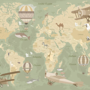 Carta da parati Mappa del mondo per bambini con animali in blu