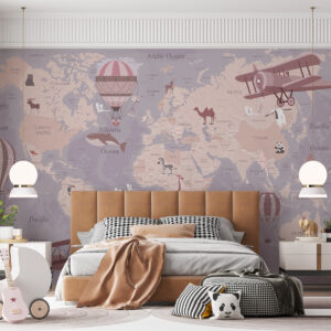Carta da parati Mappa del mondo per bambini con animali in blu