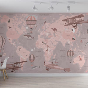 Carta da parati Mappa del mondo per bambini con animali in rosa