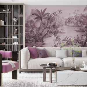 Carta da parati Tropici in bianco e nero con colori viola