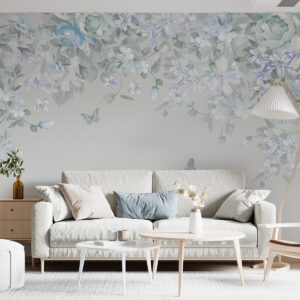 Carta da parati Giardino blu con fiori e farfalle