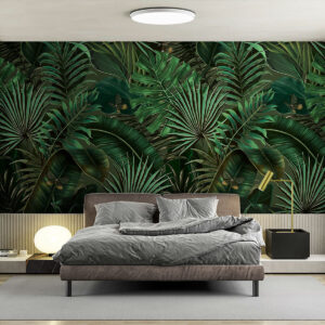 Carta da parati Modello tropicale con palma verde tropicale, foglie di banano
