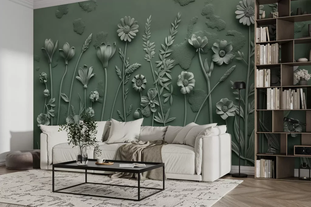 Carta da parati Fiori di campo 3D verde
