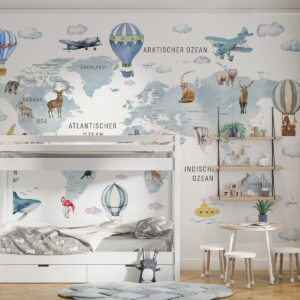 Carta da parati Mappa in stile acquerello per bambini con animali e mongolfiere. Lingua tedesca. Colore blu.