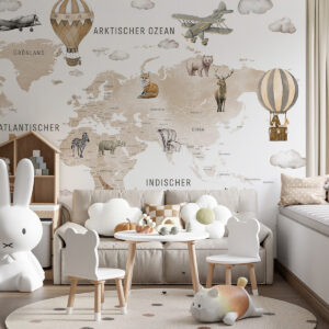 Carta da parati Mappa in stile acquerello per bambini con animali e mongolfiere. Lingua tedesca. Colore beige.
