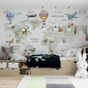 Carta da parati Mappa in stile acquerello per bambini con animali e mongolfiere. Lingua inglese. Colore verde.