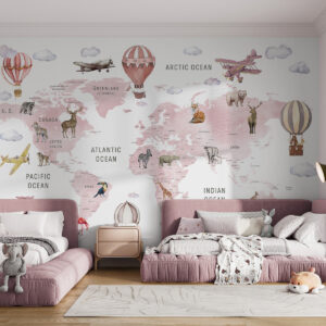 Carta da parati Mappa in stile acquerello per bambini con animali e mongolfiere. Lingua inglese. Rosa.