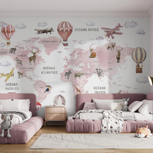Carta da parati Mappa in stile acquerello per bambini con animali e mongolfiere. Lingua spagnola. Rosa.