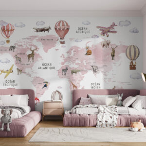 Carta da parati Mappa in stile acquerello per bambini con animali e mongolfiere. Lingua francese. Colore rosa.