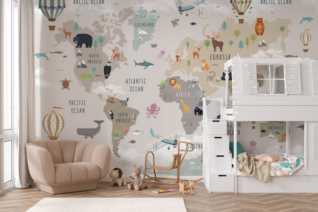 Carta da parati Mappa del mondo per bambini con animali e mongolfiere. Lingua inglese.