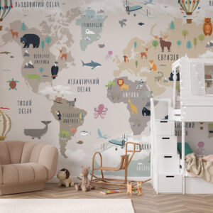 Carta da parati Mappa del mondo per bambini con animali e mongolfiere. Lingua ucraina