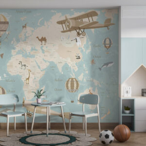 Carta da parati Mappa del mondo per bambini con animali, aeroplani e mongolfiere. Lingua inglese. Colore blu.