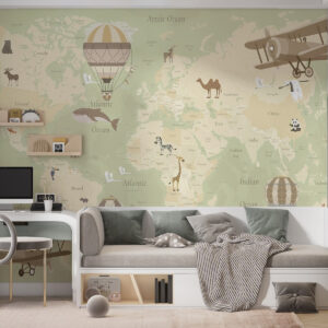 Carta da parati Mappa del mondo per bambini con animali, aeroplani e mongolfiere. Lingua inglese. Colore verde.