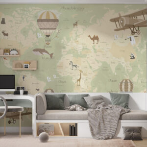 Carta da parati Mappa del mondo per bambini con animali, aeroplani e mongolfiere. Lingua polacca. Colore verde.