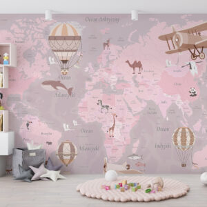 Carta da parati Mappa del mondo per bambini con animali, aeroplani e mongolfiere. Lingua polacca. Colore rosa.