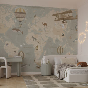 Carta da parati Mappa del mondo per bambini con animali, aeroplani e mongolfiere. Lingua ucraina. Colore beige.