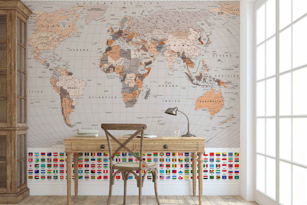 Carta da parati Una mappa politica del mondo con bandiere nei toni del marrone e del beige (in spagnolo)