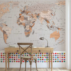 Carta da parati Una mappa politica del mondo con bandiere nei toni del marrone e del beige, in francese