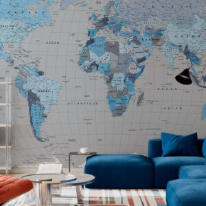 Carta da parati Una mappa politica del mondo con bandiere nei toni del blu, in francese