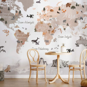 Carta da parati Una mappa in stile acquerello dai toni del beige con animali, piante ed edifici. Dettagli in polacco
