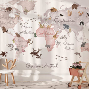 Carta da parati Una mappa in stile acquerello dai toni del beige con immagini di animali. Etichette in spagnolo