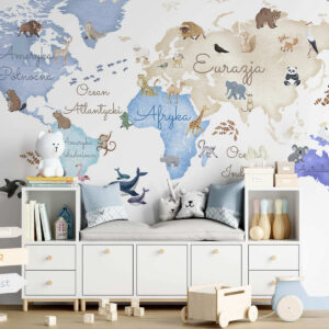 Carta da parati Una mappa blu in stile acquerello con animali. Etichette in polacco