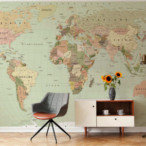 Carta da parati Mappa politica del mondo color oliva con bandiere, in tedesco