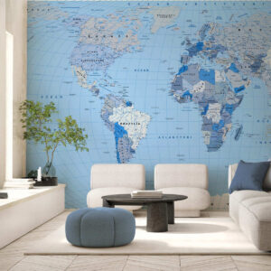 Carta da parati Mappa politica del mondo in blu con bandiere, in polacco