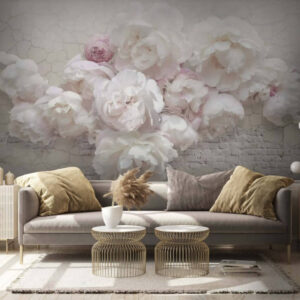 Carta da parati Peonie bianche su un muro di mattoni