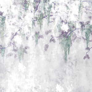Carta da parati Rami grunge appesi di tendenza con fiori viola dai colori blu