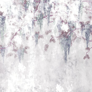Carta da parati Rami grunge appesi di tendenza con fiori viola dai colori blu