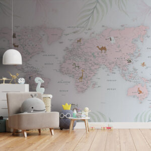 Carta da parati Mappa del mondo per ragazze in stile rosa