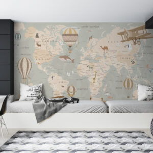 Carta da parati Mappa del mondo per bambini, aeroplani e palloncini