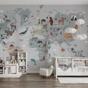 Carta da parati Animali con mappa del mondo e nomi di paesi