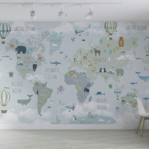 Carta da parati Mappa del mondo con animali e palloncini