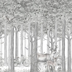 Carta da parati Animali della foresta, cervi e gufi in grigio
