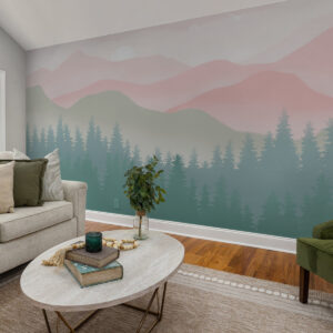 Carta da parati Montagne nebbiose con pineta, colori naturali tenui, rosa e verde