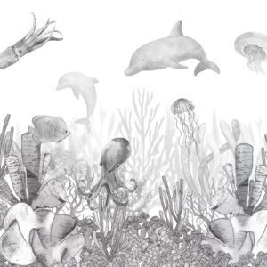Carta da parati Vita marina subacquea, animali marini, acquerello grigio, coralli, delfino, polpo
