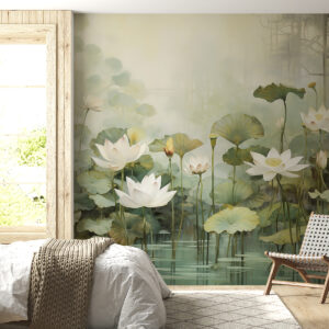 Carta da parati Fiori di loto nel lago, giungla, arte tropicale, verde