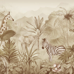 Carta da parati Foresta della giungla, palme, giraffa, elefante, zebra, acquerello, colore beige, albero di banane, fiori