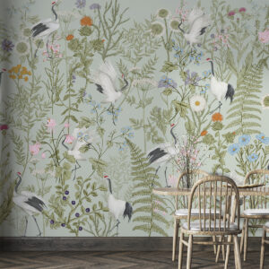 Carta da parati Ornamento di fiori con uccelli, stile rustico, botanico, prato, sfondo blu