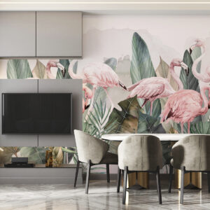 Carta da parati Fenicotteri nelle foglie tropicali, colori acquerello, rosa e oliva