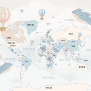 Carta da parati Mappa del mondo con balene e palloncini nei colori pastello blu e rosa