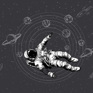 Carta da parati Astronauta e pianeti su sfondo grigio scuro