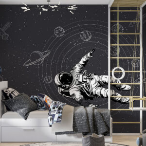 Carta da parati Astronauta e pianeti su sfondo grigio scuro