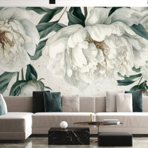 Carta da parati Peonie bianche grandi con foglie verdi su uno sfondo con texture chiara