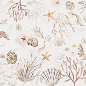 Carta da parati Motivo marino ad acquerello, stile boho, conchiglie, coralli, cotone, colori beige