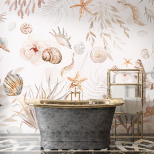 Carta da parati Motivo marino ad acquerello, stile boho, conchiglie, coralli, cotone, colori beige