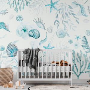 Carta da parati Motivo marino ad acquerello, stile boho, conchiglie, coralli, cotone, colori blu
