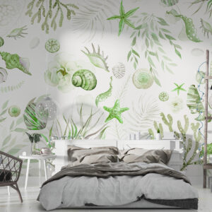 Carta da parati Motivo marino ad acquerello, stile boho, conchiglie, coralli, cotone, colori verdi